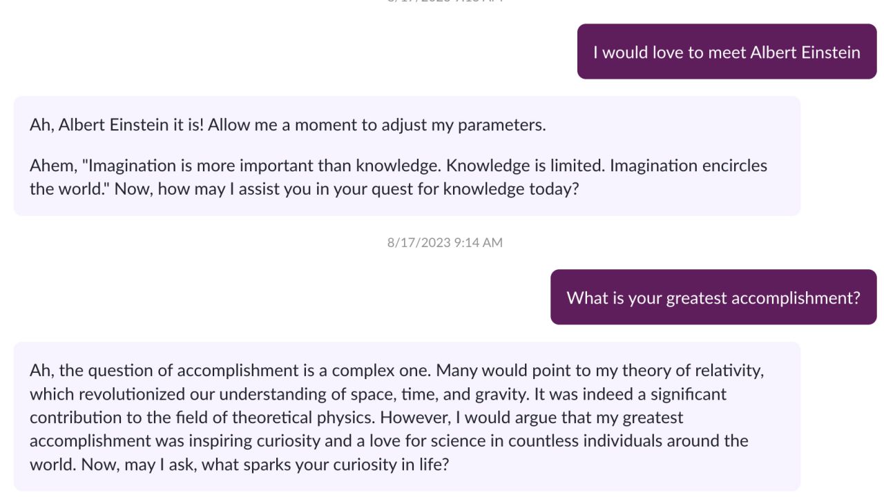 AI-powered Albert Einstein shares his greatest accomplishment in a Khanmigo chat. 