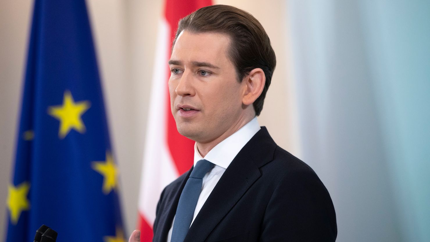 Former Austrian Chancellor Sebastian Kurz pictured while announcing his decision to quit politics in Vienna on Thursday, December 2, 2021. 