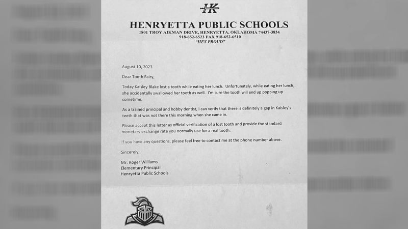 NextImg:A kindergartener accidentally swallowed a tooth -- so her principal wrote the tooth fairy a special letter | CNN