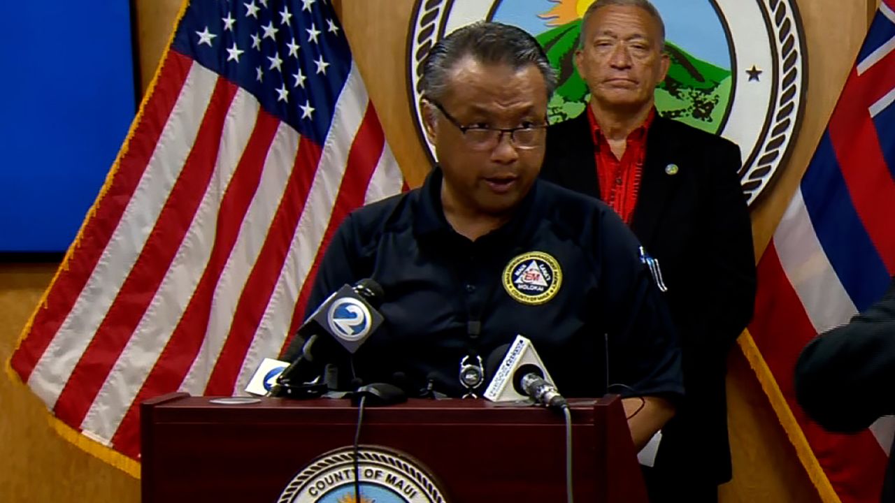 Herman Andaya, then Maui's emergency management agency chief, speaks at a news conference this month. He resigned Thursday.