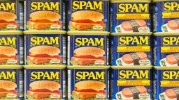 TORONTO, ONTARIO, CANADA - 2016/05/05: Spam canned meat stacked vertically in store shelf. Spam is a brand of canned precooked meat products made by Hormel Foods Corporation. (Photo by Roberto Machado Noa/LightRocket via Getty Images)
