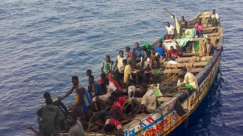 Survivors, mostly from Senegal, are seen inside a pirogue that was found adrift in the Atlantic Ocean by a Spanish fishing vessel near Cape Verde on August 14, 2023. The boat had set off from Senegal on July 10 to try to reach Spain's Canary Islands with more than 100 people on board, officials said, but only 38 people survived and more than 60 are feared dead. (AP Photo)