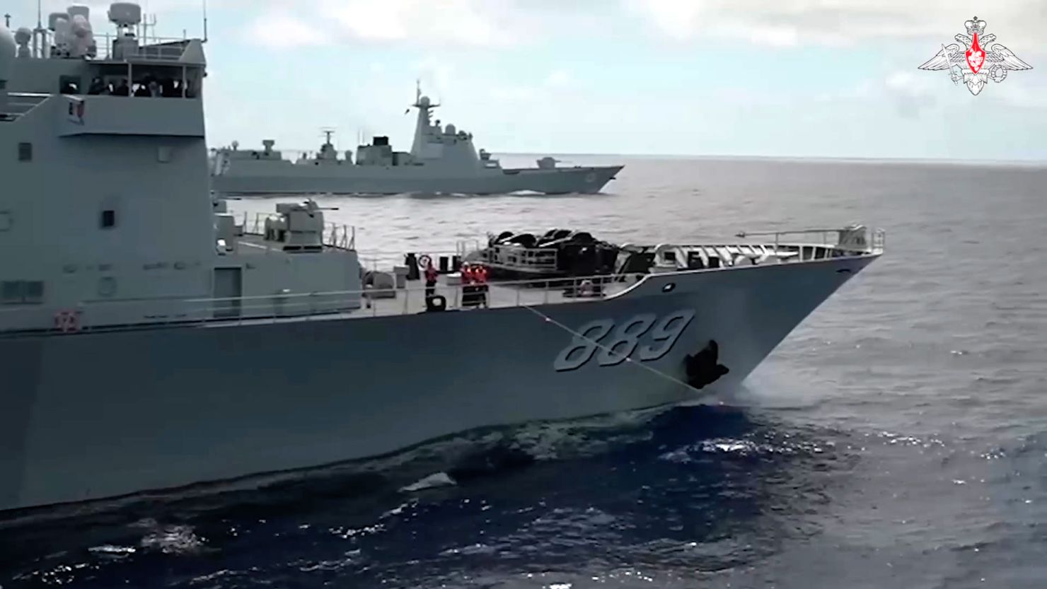 Chinese and Russian vessels conduct joint exercises in the East China Sea.