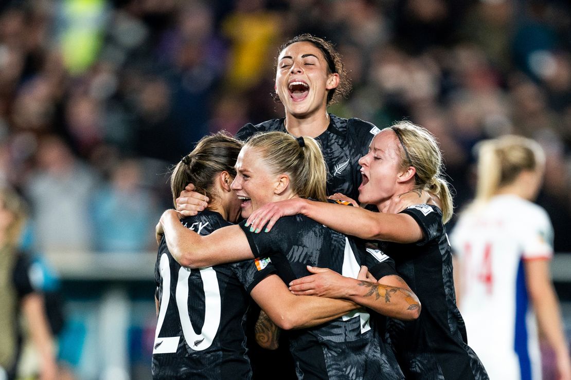 NZ players Michaela Foster and Claudia Bunge celebrate after the FIFA Women's World Cup football match between New Zealand and Norway on July 20, 2023.