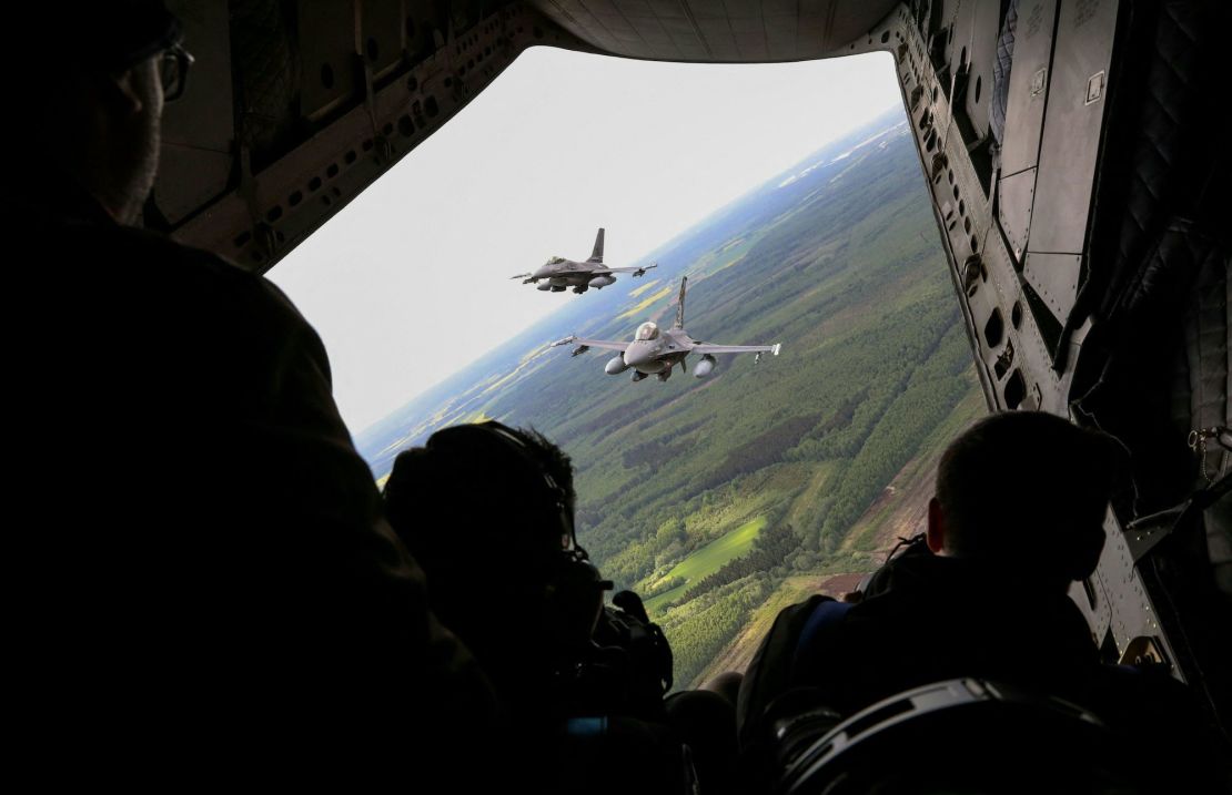 Portuguese Air Force F-16 military fighter jets participate in NATO's Baltic Air Policing Mission in Lithuanian airspace near Siauliai, on May 23.