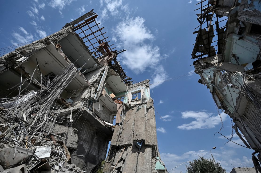 Residential buildings destroyed by Russian shelling in Orikhiv in Zaporizhzhia, in southeastern Ukraine, on August 10.