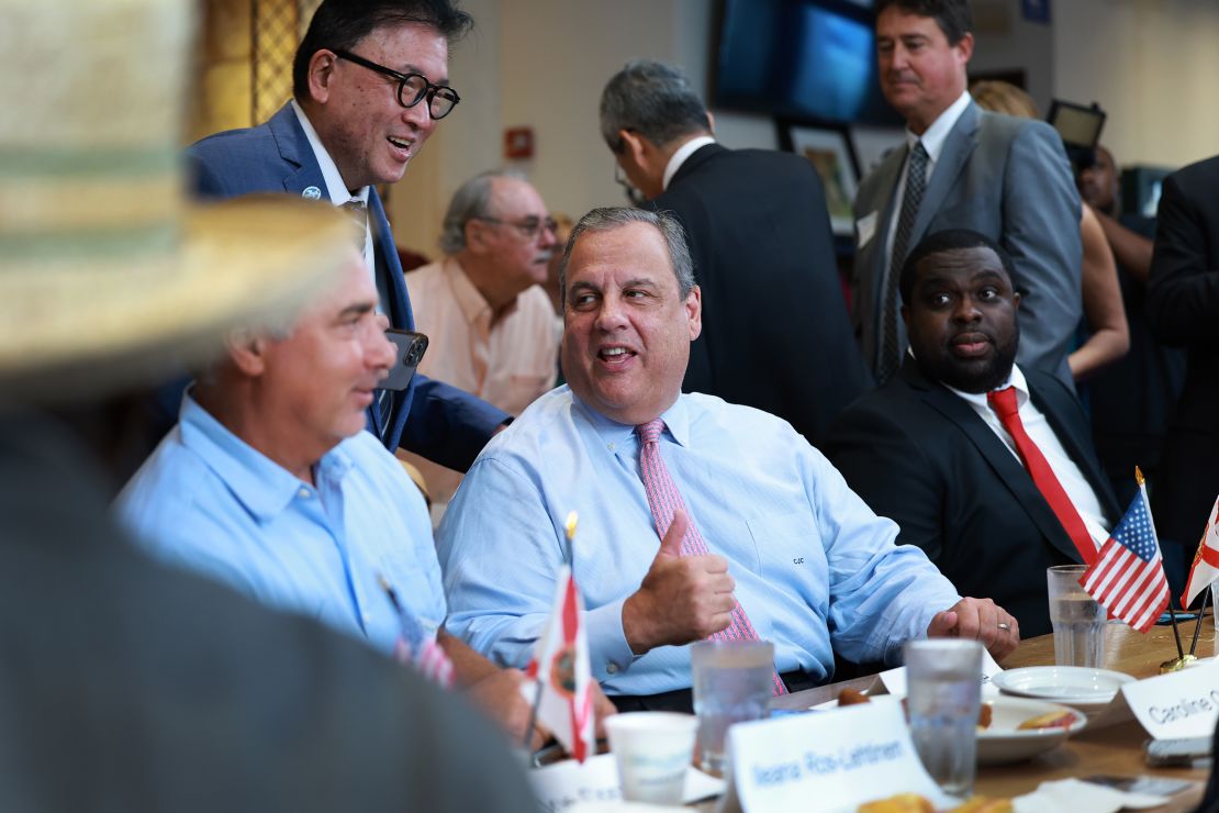 Christie greets people during his town hall at the Casa Cuba restaurant in Miami on August 18, 2023.