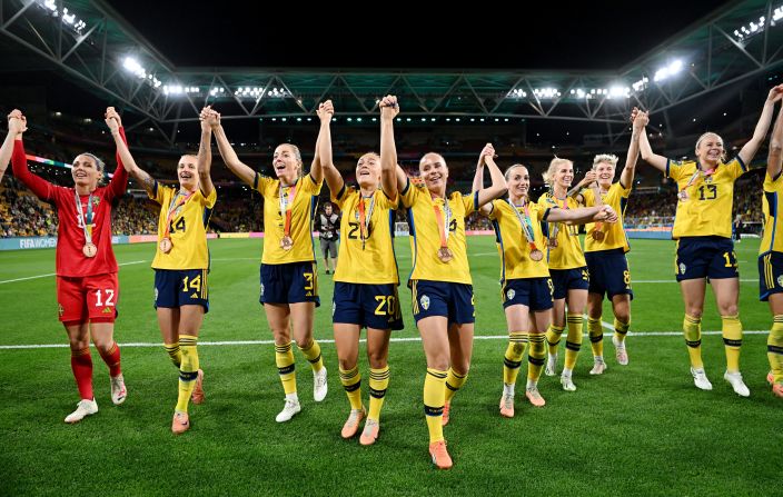 Swedish players celebrate after defeating Australia 2-0 in the <a href="https://www.cnn.com/2023/08/19/football/australia-sweden-womens-world-cup-2023-spt-intl/index.html" target="_blank">third-place playoff</a> on Saturday, August 19. Sweden also finished third in 1991, 1995 and 2019.