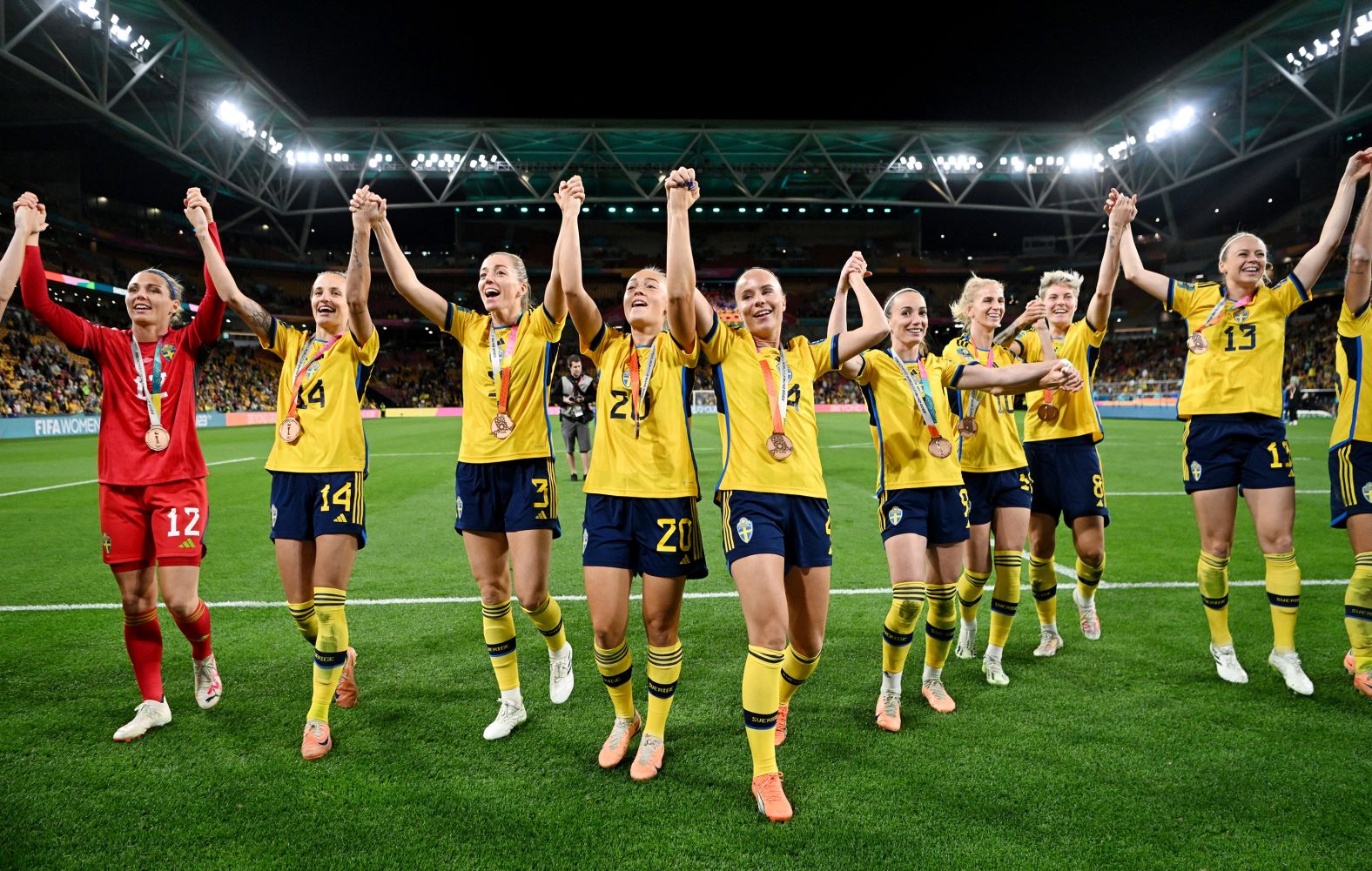 Swedish players celebrate after defeating Australia 2-0 in the <a href="index.php?page=&url=https%3A%2F%2Fwww.cnn.com%2F2023%2F08%2F19%2Ffootball%2Faustralia-sweden-womens-world-cup-2023-spt-intl%2Findex.html" target="_blank">third-place playoff</a> on Saturday, August 19. Sweden also finished third in 1991, 1995 and 2019.
