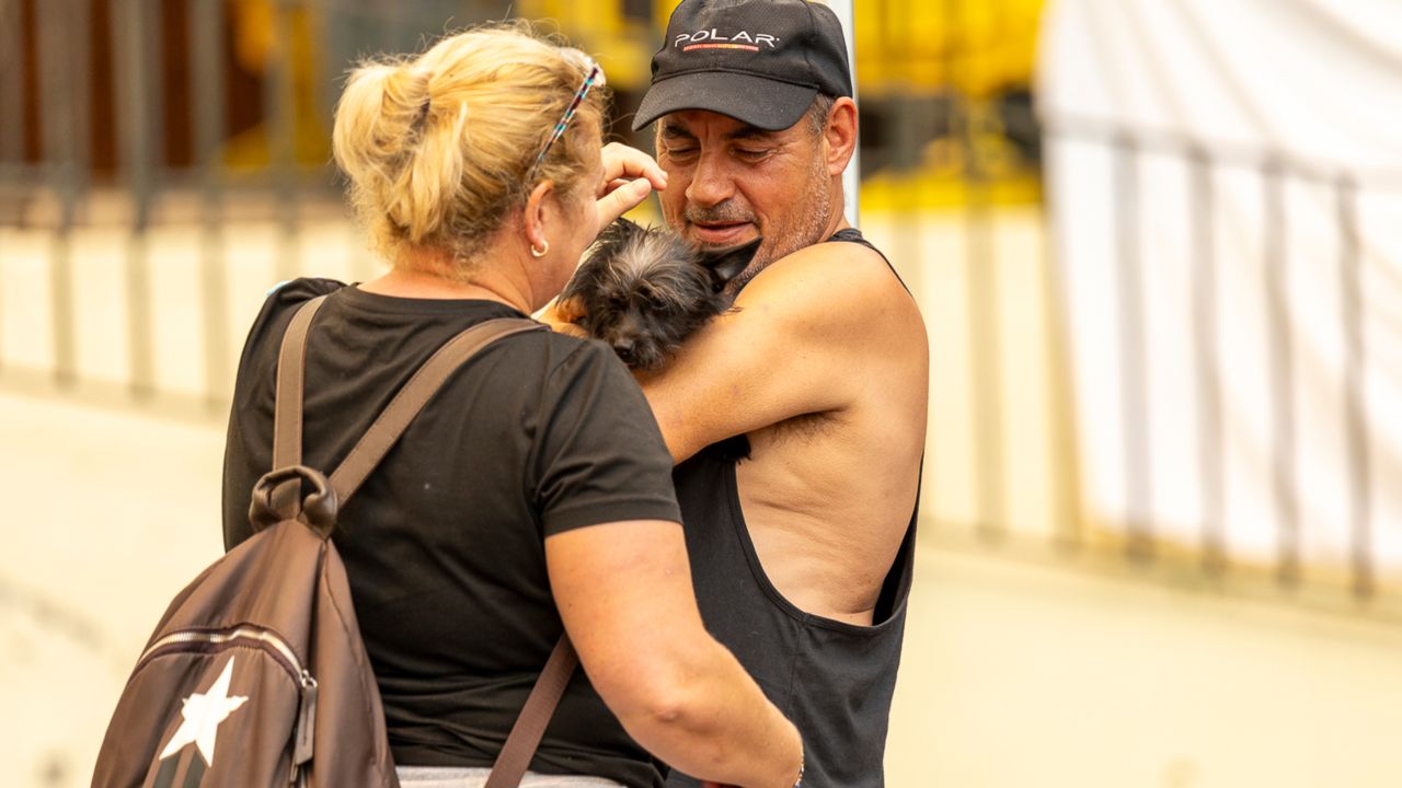 Dos evacuados por el incendio abrazan este sábado a su perro en La Orotava.