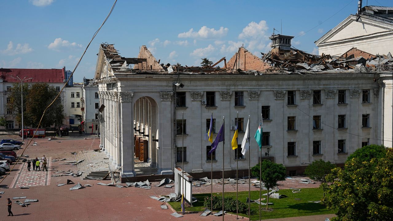 Taras Shevchenko Chernihiv Regional Academic Music and Drama Theatre is seen damaged by Russian attack in Chernihiv, Ukraine, Saturday, Aug. 19, 2023. 