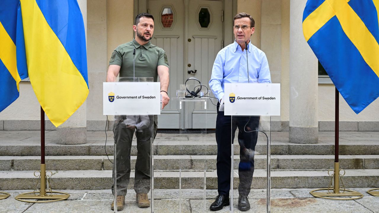 Ukrainian President Volodymyr Zelenskiy meets with Swedish Prime Minister Ulf Kristersson in Harpsund, Sweden.