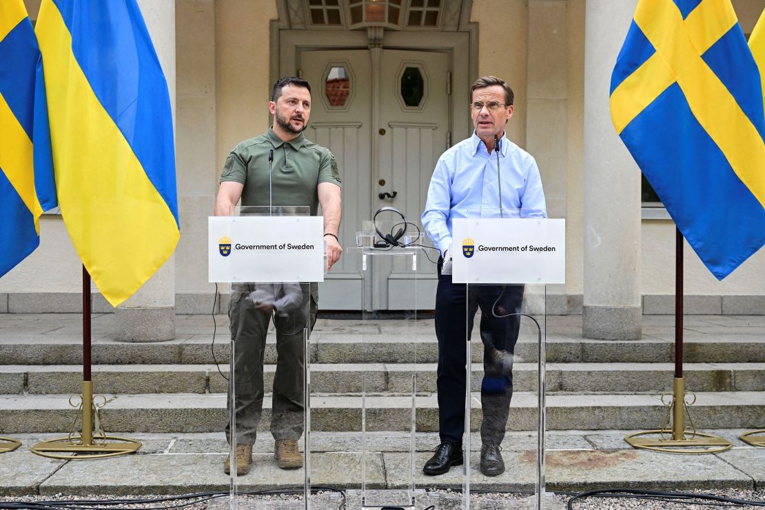 Ukrainian President Volodymyr Zelenskiy meets with Swedish Prime Minister Ulf Kristersson in Harpsund, Sweden.