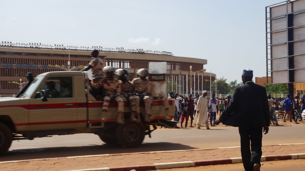 Civilians gather to join the Army in front of the stadium as recruitment for a civilian militia force called the Volunteers for the Defense of Niger (VDN) commenced in Niamey, Niger, on August 19, 2023.