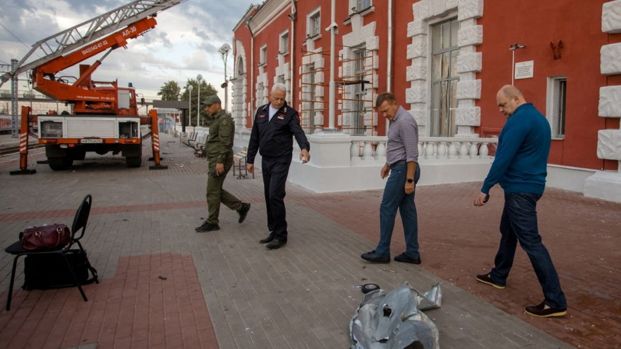 Governor of the Kursk Region Roman Starovoit inspects the damaged railway station. 