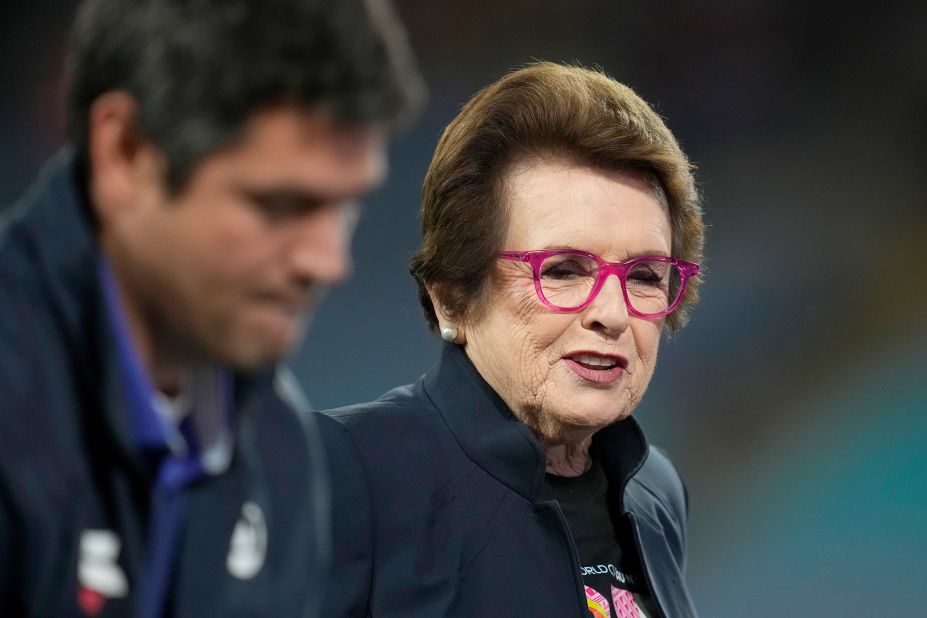 Tennis legend Billie Jean King walks onto the pitch ahead of the final.