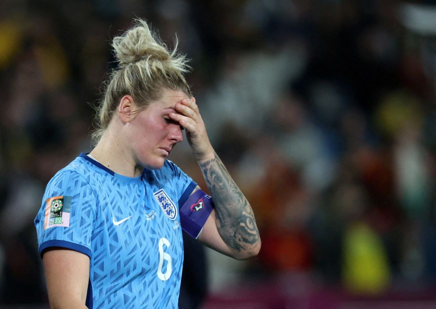 England captain Millie Bright looks dejected after the match. "We gave everything," she said. "First half we weren't at our best but second half we bounced back. ... We just didn't have that final edge today."