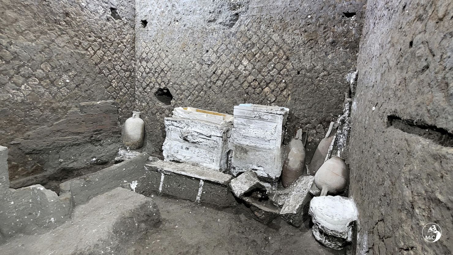 A small bedroom that was almost certainly used by slaves is pictured after it was discovered by archaeologists in a Roman villa near Pompeii. 