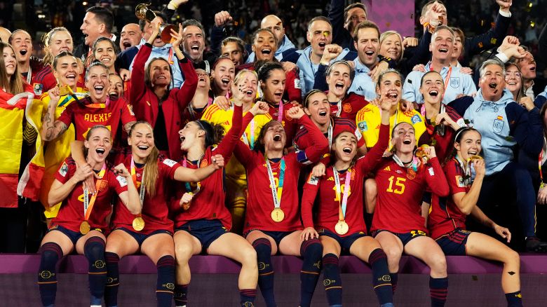 Spain's team celebrate with the trophy after the final of Women's World Cup soccer between Spain and England at Stadium Australia in Sydney, Australia, Sunday, Aug. 20, 2023. 