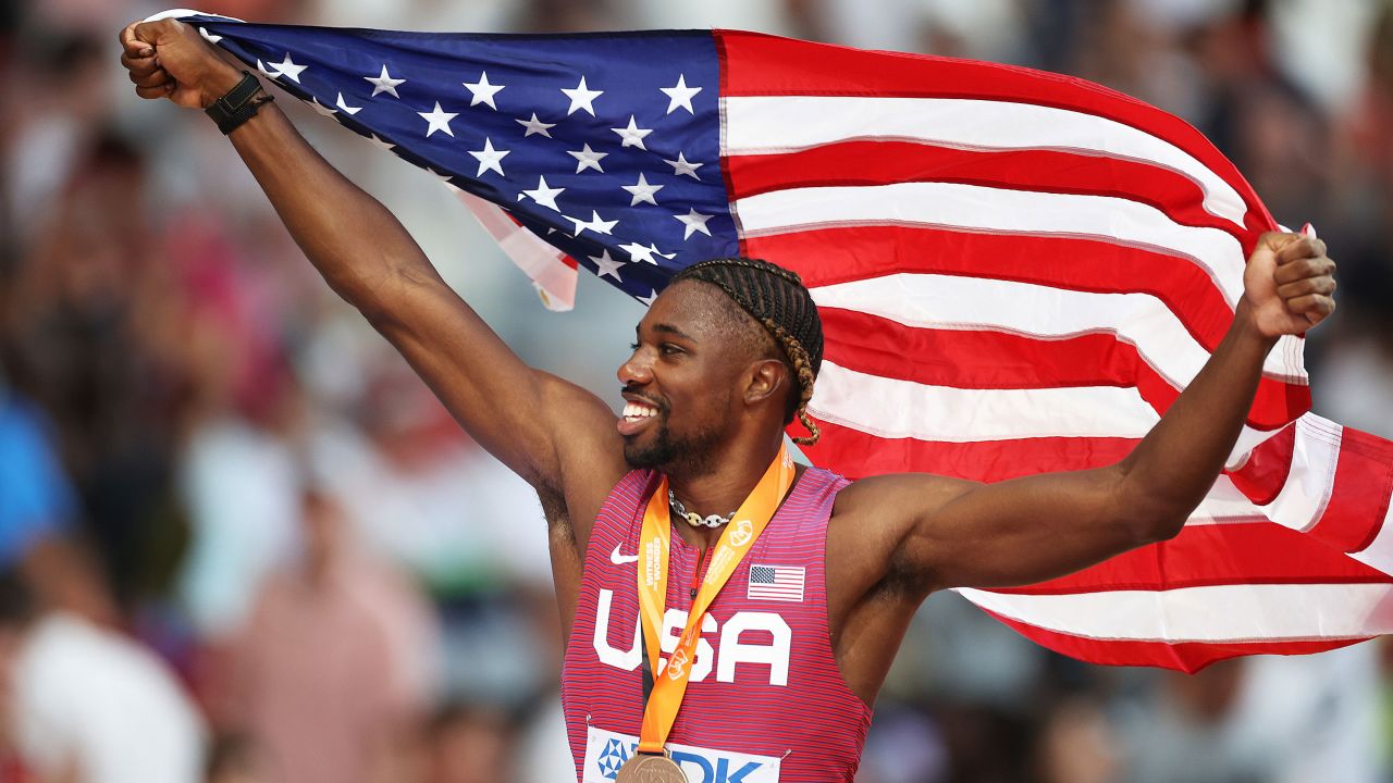 BUDAPEST, HUNGARY - AUGUST 20: Gold medalist Noah Lyles of Team United States reacts after winning the Men's 100m Final during day two of the World Athletics Championships Budapest 2023 at National Athletics Centre on August 20, 2023 in Budapest, Hungary. (Photo by Michael Steele/Getty Images)