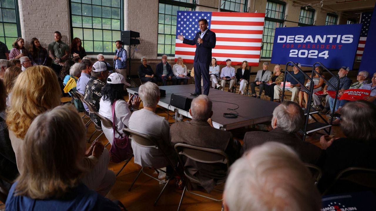 Florida Gov. Ron DeSantis speaks at a campaign event in Newport, New Hampshire, on August 19, 2023.