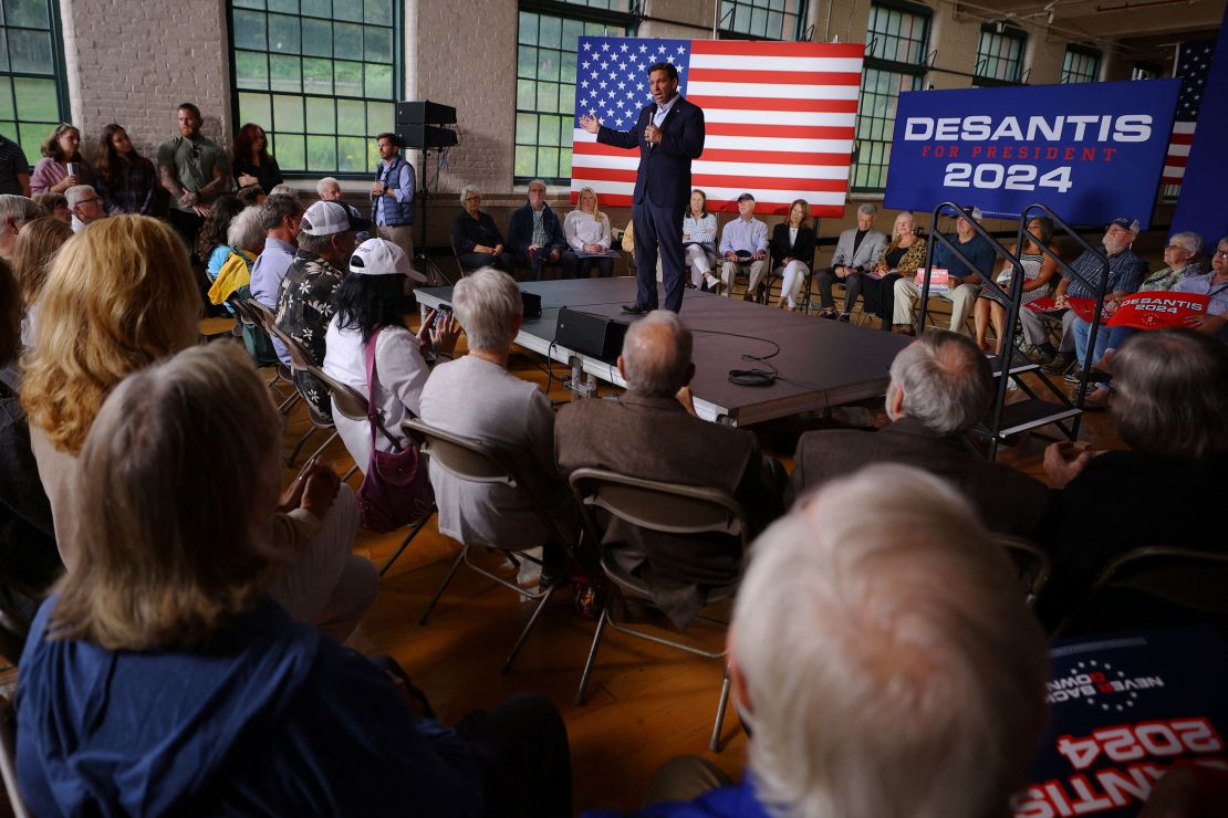 Florida Gov. Ron DeSantis speaks at a campaign event in Newport, New Hampshire, on  August 19, 2023.