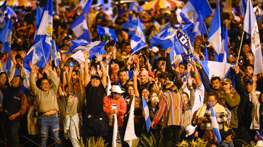 Supporters of Guatemalan presidential candidate for the Semilla party, Bernardo Arevalo, celebrate the results of the presidential run-off election in Guatemala City, on August 20, 2023. Surprise favorite Bernardo Arevalo was swept to victory in Guatemala's presidential election on August 20, with his anti-corruption message firing up weary voters. (Photo by Johan ORDONEZ / AFP) (Photo by JOHAN ORDONEZ/AFP via Getty Images)