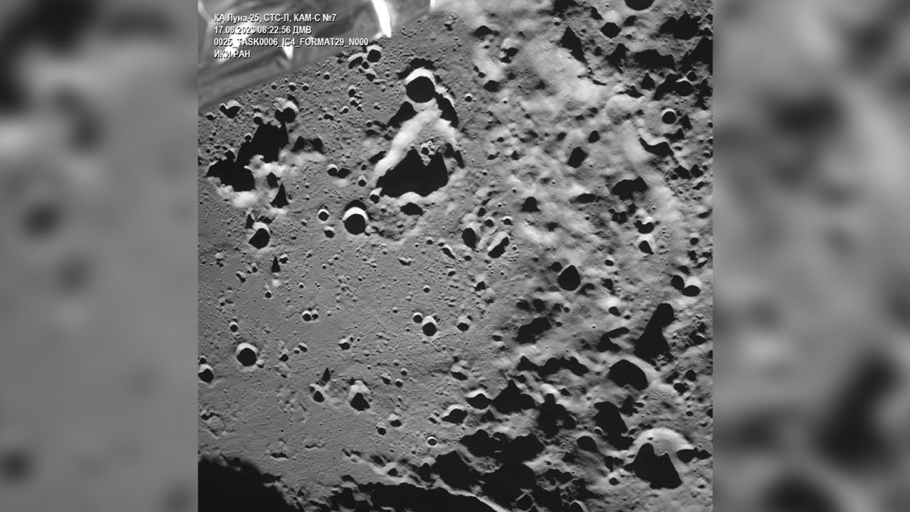 This image, published by the Russian space corporation Roscosmos on Thursday, August 17, 2023, shows an image of the lunar south pole region on the far side of the moon, taken by the Russian spacecraft Luna-25 before its failed attempt to land.  The Russian state company, Roscosmos, said on Sunday that the Luna-25 plane crashed into the surface of the moon after it went into an out-of-control orbit.  The authorities have opened an investigation into the possible cause.  (Center for Operation of Ground Space Infrastructure - Roskosmos State Space Corporation via AP)
