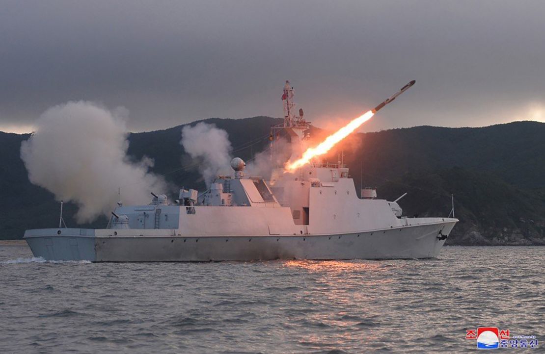 A cruise missile being launched from a patrol ship belonging to the East Sea Fleet of the North Korean Navy.