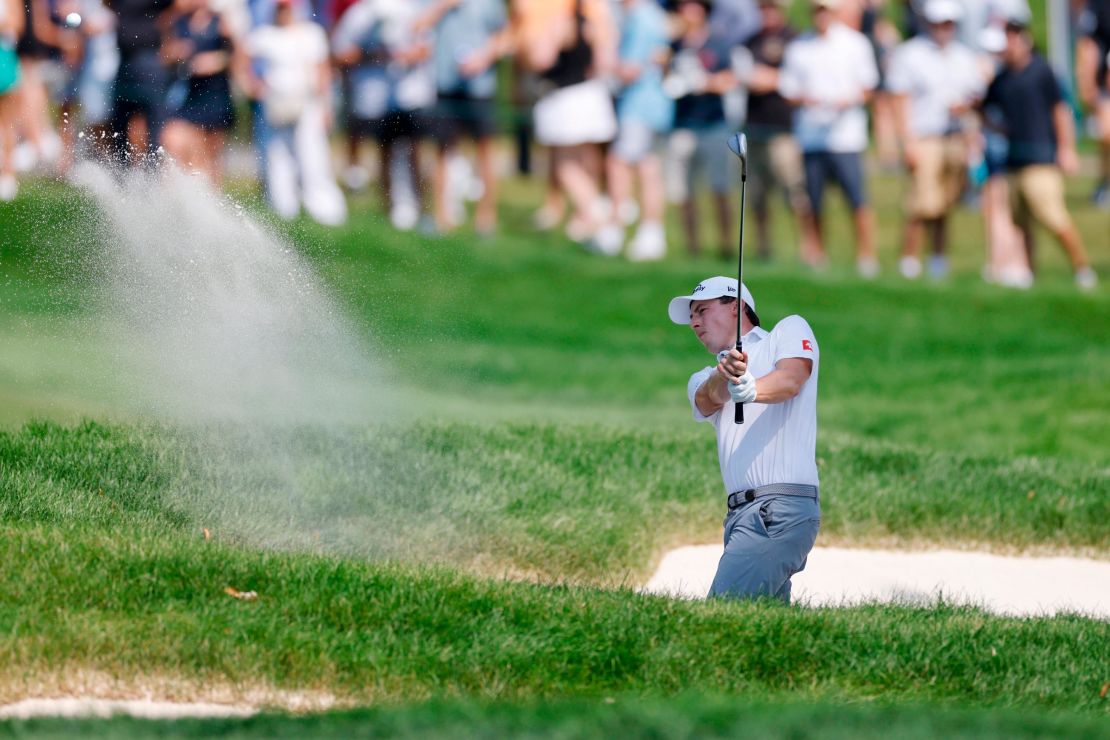 OLYMPIA FIELDS, IL - AUGUST 20: Matt Fitzpatrick of England hits a shot from a greenside bunker at the 8th hole during the final round of the BMW Championship at Olympia Fields Country Club on August 18, 2023 in Olympia Fields, Illinois. (Photo by Joe Robbins/Icon Sportswire via Getty Images)