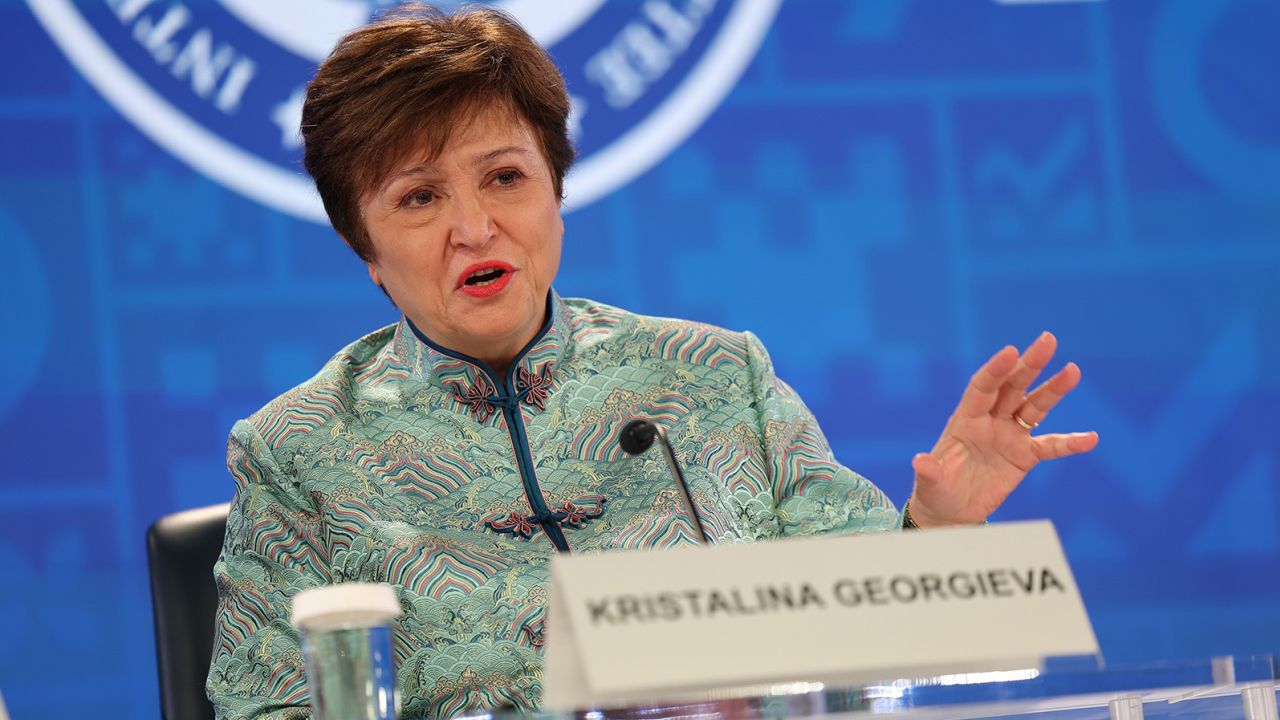 WASHINGTON, DC - APRIL 14: Kristalina Georgieva, Managing Director of the International Monetary Fund (IMF), participates in a press conference during the annual Spring Meetings of the World Bank Group at the IMF Headquarters on April 14, 2023 in Washington, DC. The World Bank and IMF are holding their spring meetings from April 10 - 16. (Photo by Kevin Dietsch/Getty Images)