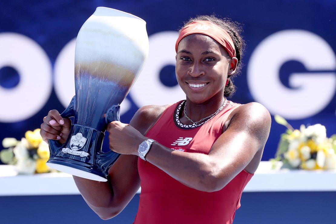 MASON, OHIO - AUGUST 20: Coco Gauff poses with the trophy after defeating Karolina Muchova of Czech Republic during the final of the Western & Southern Open at Lindner Family Tennis Center on August 20, 2023 in Mason, Ohio. (Photo by Matthew Stockman/Getty Images)