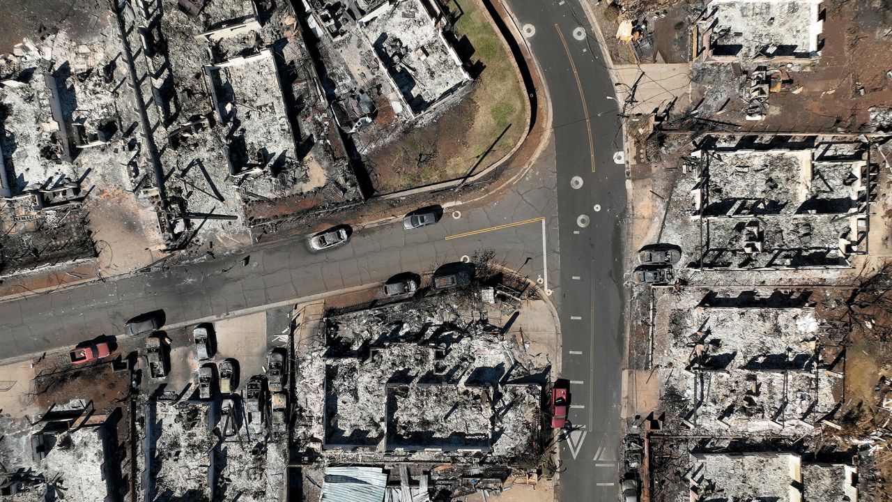 In an aerial view, burned cars and homes are seen in a neighborhood that was destroyed by a wildfire on August 17, 2023 in Lahaina, Hawaii.
