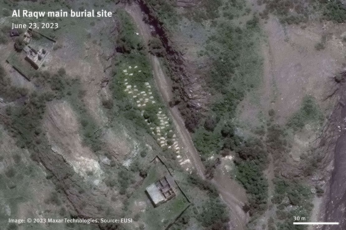 Satellite imagery on June 23, 2023 shows the increasing number of graves in the main burial site of Al Raqw migrant camp.