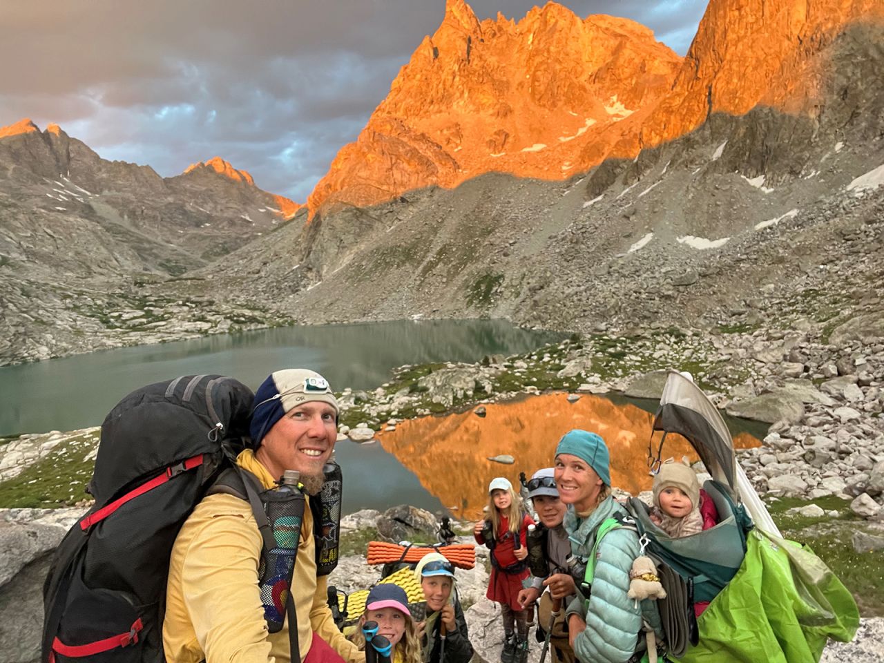 Olen Netteburg (far left,) his wife Danae and their five children Lyol, Zane, Addison, Juniper, and Piper on the Continental Divide Trail.