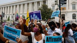 WASHINGTON, DC - JUNE 29: Supporters of affirmative action protest near the U.S. Supreme Court Building on Capitol Hill on June 29, 2023 in Washington, DC. In a 6-3 vote, Supreme Court Justices ruled that race-conscious admissions programs at Harvard and the University of North Carolina are unconstitutional, setting precedent for affirmative action in other universities and colleges. (Photo by Anna Moneymaker/Getty Images)