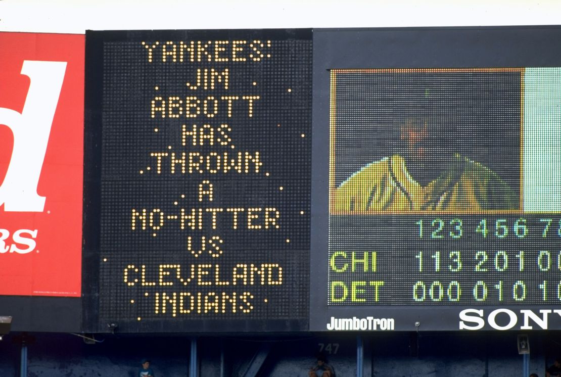 Baseball: View of Detroit Tigers scoreboard posting YANKEES JIM ABBOTT HAS THROWN A NO HITTER VS CLEVELAND INDIANS during Detroit Tigers vs Chicago White Sox at Tiger Stadium.
Detroit, MI 9/4/1993
CREDIT: Chuck Solomon (Photo by Chuck Solomon /Sports Illustrated via Getty Images)
(Set Number: X44901 )