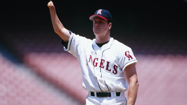 ANAHEIM, CA - JUNE 2, 1996:  Jim Abbott of the California Angels stands on the mound during the game against the Baltimore Orioles at Anaheim Stadium on June 2, 1996 in Anaheim, California. (Photo by Jed Jacobsohn/Getty Images)