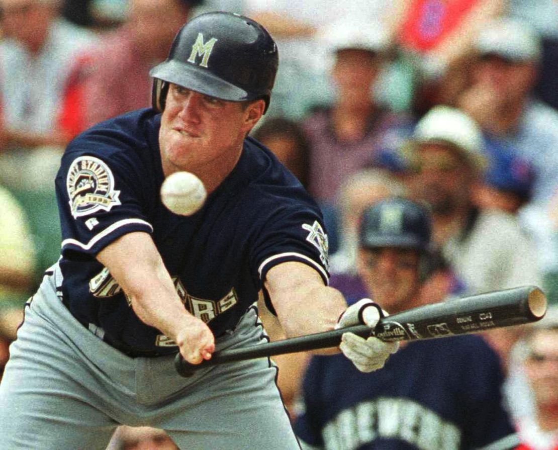 CHICAGO, UNITED STATES:  Milwaukee Brewers starting pitcher Jim Abbott bunts for a single in the third inning against the Chicago Cubs 30 June, 1999 at Wrigley Field in Chicago, Illinois. Abbott also hit a two-run single in the fourth inning of the Brewers' 5-4 loss to the Cubs.   AFP PHOTO/John ZICH (Photo credit should read JOHN ZICH/AFP via Getty Images)