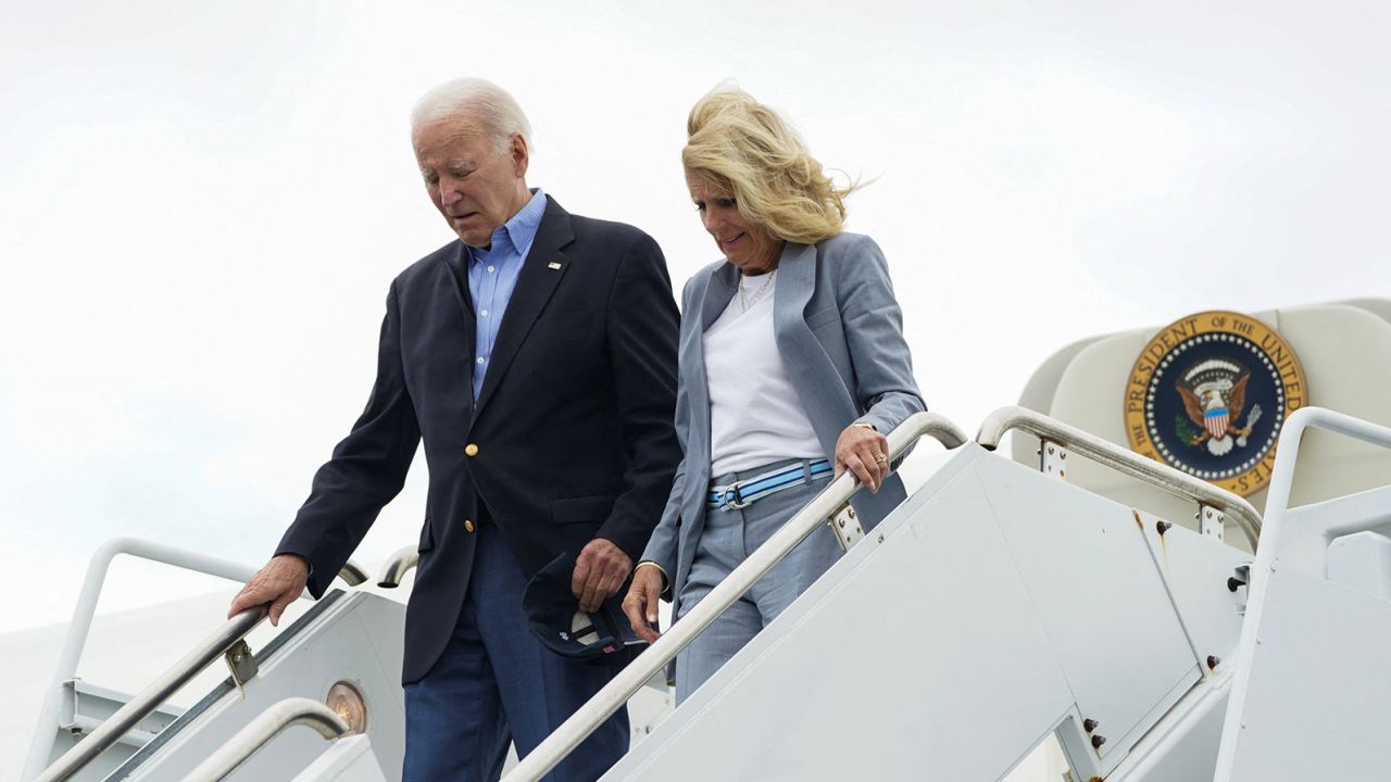 U.S. President Joe Biden and first lady Jill Biden arrive at Kahului Airport, Kahului, Hawaii, U.S., August 21, 2023. REUTERS/Kevin Lamarque


 
