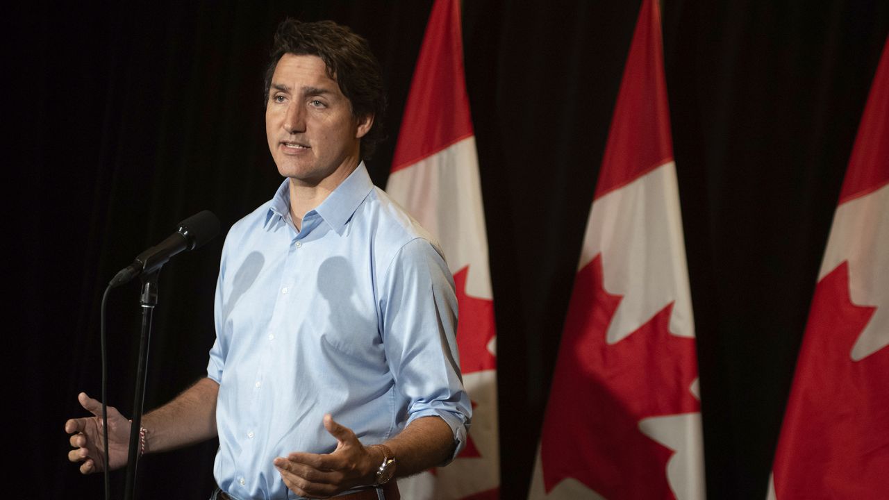 Canada's Prime Minister Justin Trudeau makes a statement about the wildfires in Western Canada in Charlottetown, Sunday, Aug. 20, 2023. He and the rest of his cabinet is in the city for a retreat beginning Monday. 