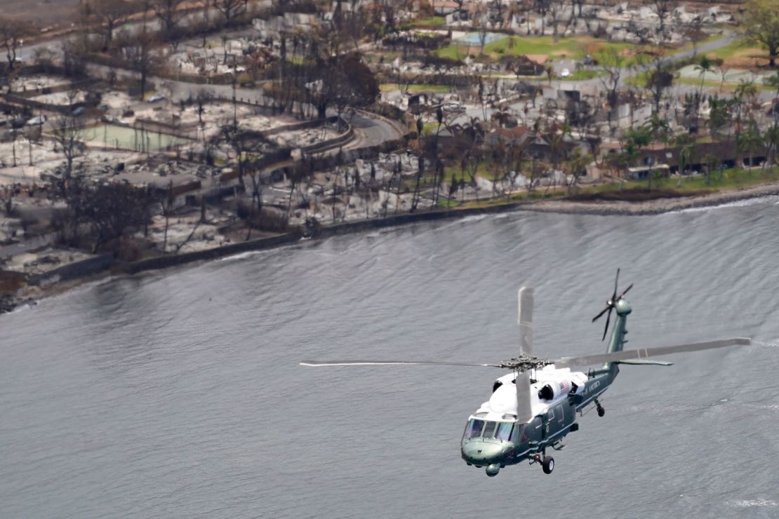 President Joe Biden and first lady Jill Biden take an aerial tour on Marine One over areas devastated by the Maui wildfires.