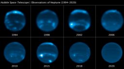 This sequence of Hubble Space Telescope images chronicles the waxing and waning of the amount of cloud cover on Neptune. This long set of observations shows that the number of clouds grows increasingly following a peak in the solar cycle -- where the Sun's level of activity rhythmically rises and falls over an 11-year period. The chemical changes are caused by photochemistry, which happens high in Neptune's upper atmosphere and takes time to form clouds. In 1989, NASA's Voyager 2 spacecraft provided the first close-up images of linear, bright clouds, reminiscent of cirrus clouds on Earth, seen high in Neptune's atmosphere. They form above most of the methane in Neptune's atmosphere and reflect all colors of sunlight, which makes them white. Hubble picks up where the brief Voyager flyby left off by continually keeping an eye on the planet yearly.
Credits: NASA, ESA, Erandi Chavez (UC Berkeley), Imke de Pater (UC Berkeley)