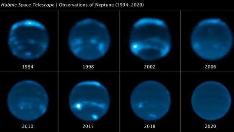 This sequence of Hubble Space Telescope images chronicles the waxing and waning of the amount of cloud cover on Neptune. This long set of observations shows that the number of clouds grows increasingly following a peak in the solar cycle -- where the Sun's level of activity rhythmically rises and falls over an 11-year period. The chemical changes are caused by photochemistry, which happens high in Neptune's upper atmosphere and takes time to form clouds. In 1989, NASA's Voyager 2 spacecraft provided the first close-up images of linear, bright clouds, reminiscent of cirrus clouds on Earth, seen high in Neptune's atmosphere. They form above most of the methane in Neptune's atmosphere and reflect all colors of sunlight, which makes them white. Hubble picks up where the brief Voyager flyby left off by continually keeping an eye on the planet yearly.
Credits: NASA, ESA, Erandi Chavez (UC Berkeley), Imke de Pater (UC Berkeley)