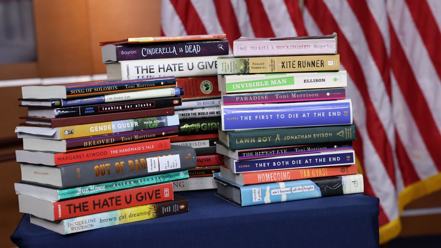 WASHINGTON, DC - MARCH 24: Copies of banned books from various states and school systems from around the county are seen during a press conference by U.S. House Democratic Leader Hakeem Jeffries (D-NY) at the U.S. Capitol on March 24, 2023 in Washington, DC. Jeffries spoke out against the recently passed Parents Bill of Rights Act and the banning and censorship of books in schools. (Photo by Kevin Dietsch/Getty Images)