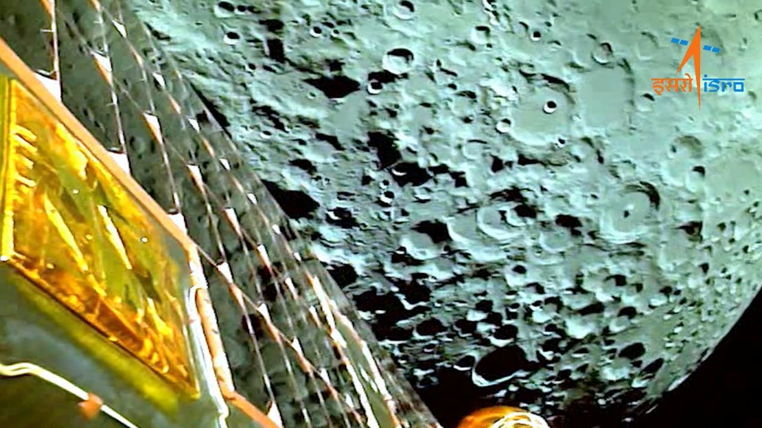 A view of the moon as viewed by the Chandrayaan-3 lander during Lunar Orbit Insertion on August 5, 2023. 