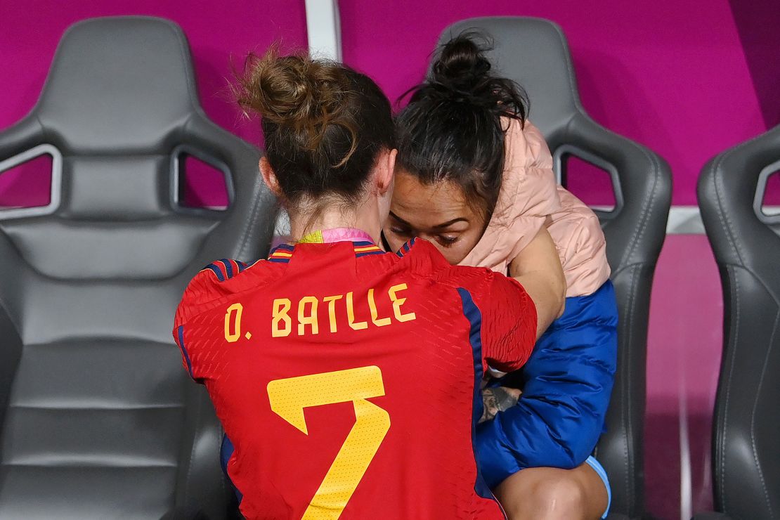 SYDNEY, AUSTRALIA - AUGUST 20: Lucy Bronze of England is consoled by Ona Batlle of Spain after the FIFA Women's World Cup Australia & New Zealand 2023 Final match between Spain and England at Stadium Australia on August 20, 2023 in Sydney, Australia. (Photo by Justin Setterfield/Getty Images)