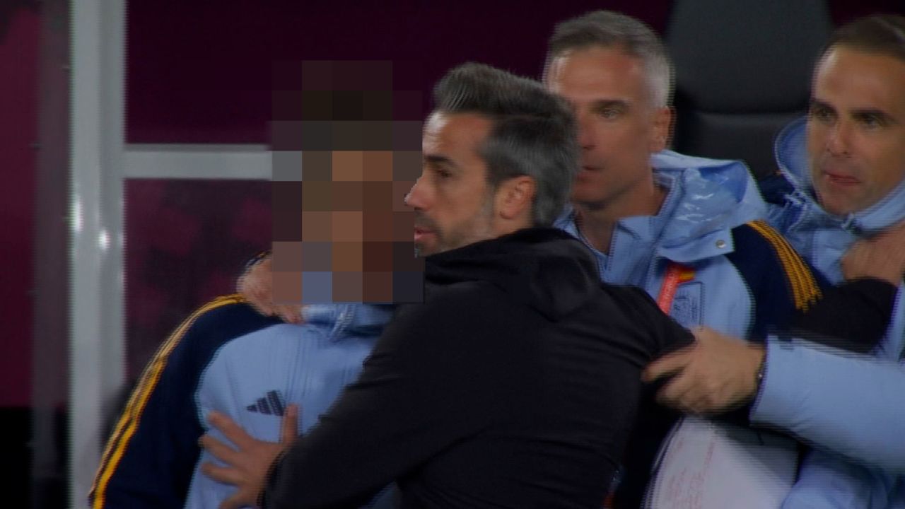 Spain coach Jorge Vilda is seen inappropriately touching a woman staffer during the Women's World Cup final on Sunday. CNN has blurred the woman's face to protect her identity.