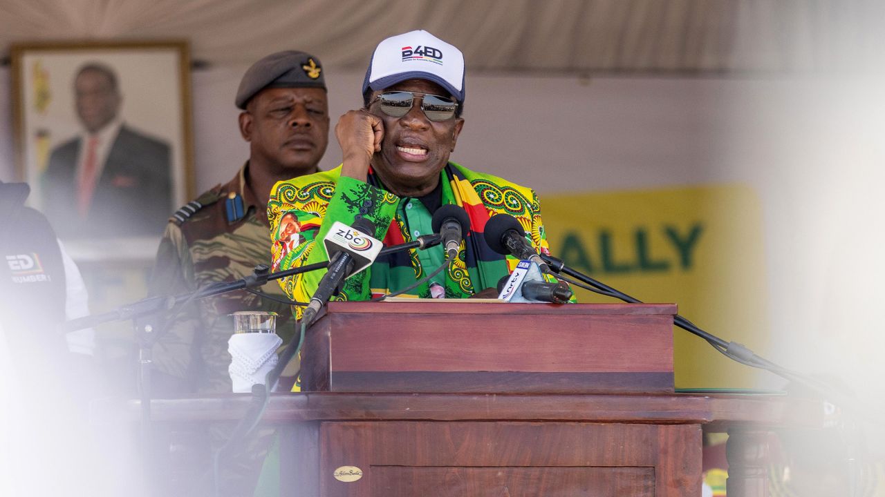 Emmerson Mnangagwa addresses party supporters during a campaign rally on August 19, 2023 in Shurugwi, Zimbabwe.