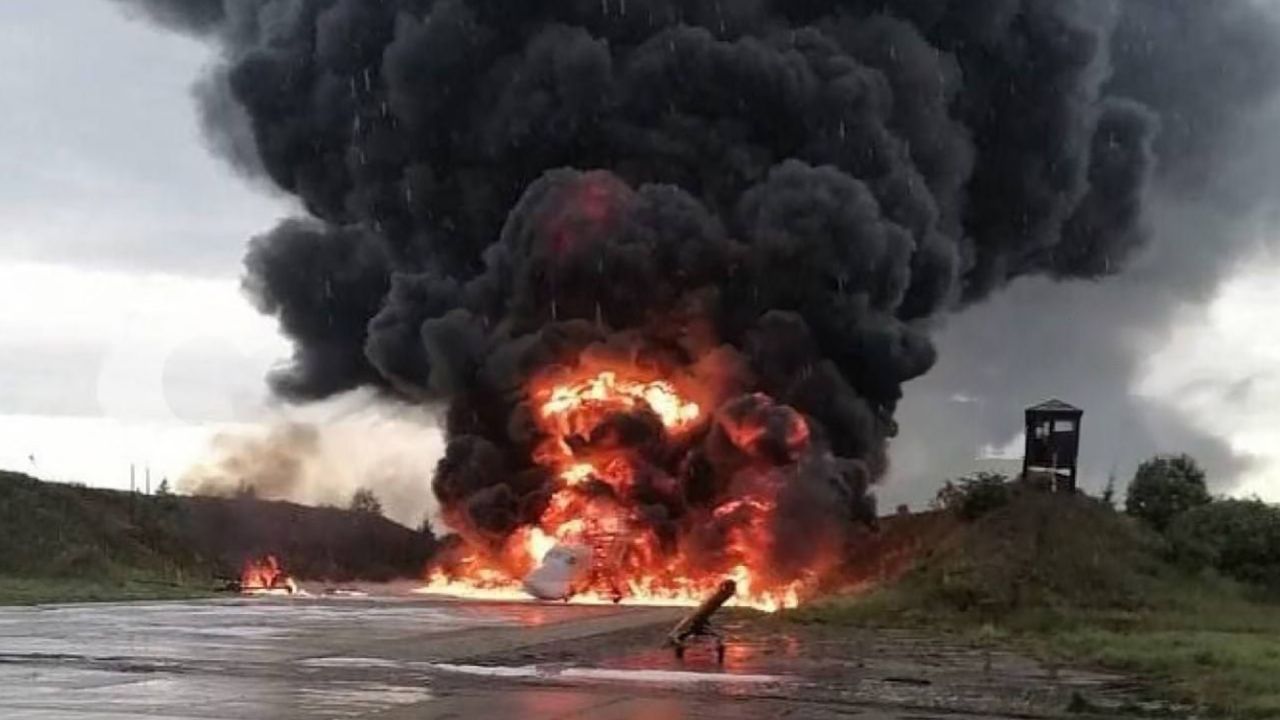 Russia's defense ministry said Saturday that another Ukrainian drone struck its military airfield in the Novgorod region. Photographs emerged purportedly showing an aircraft on fire at that base.